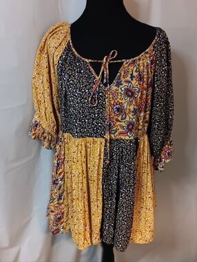 Easel Women's Small Boho-Chic Floral Print Top (or Mini Dress) Peasant-style
